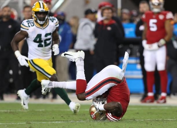 Mohamed Sanu of the San Francisco 49ers catches a pass during the fourth quarter against the Green Bay Packers in the game at Levi's Stadium on...