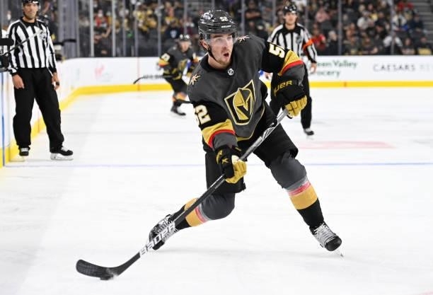 Dylan Coghlan of the Vegas Golden Knights shoots the puck during the third period against the San Jose Sharks at T-Mobile Arena on September 26, 2021...