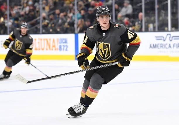 Nolan Patrick of the Vegas Golden Knights skates during the third period against the San Jose Sharks at T-Mobile Arena on September 26, 2021 in Las...