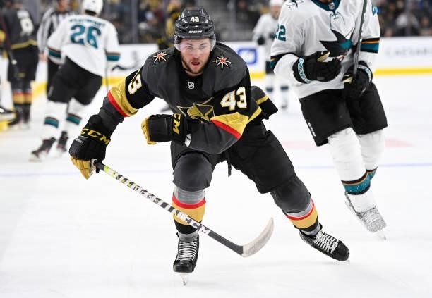 Paul Cotter of the Vegas Golden Knights skates during the third period against the San Jose Sharks at T-Mobile Arena on September 26, 2021 in Las...