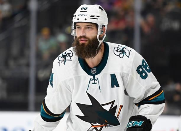 Brent Burns of the San Jose Sharks skates during the third period against the Vegas Golden Knights at T-Mobile Arena on September 26, 2021 in Las...
