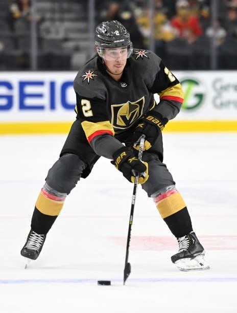 Zach Whitecloud of the Vegas Golden Knights skates during the third period against the San Jose Sharks at T-Mobile Arena on September 26, 2021 in Las...