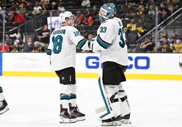 The San Jose Sharks celebrate after defeating the Vegas Golden Knights at T-Mobile Arena on September 26, 2021 in Las Vegas, Nevada.