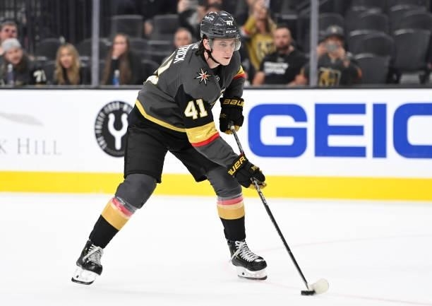 Nolan Patrick of the Vegas Golden Knights skates in during a practice shootout against the San Jose Sharks at T-Mobile Arena on September 26, 2021 in...