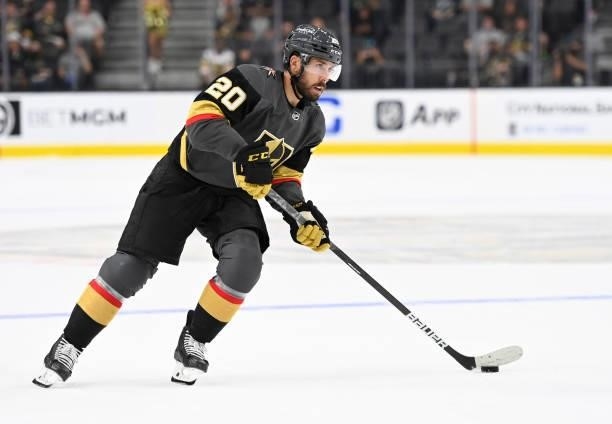 Chandler Stephenson of the Vegas Golden Knights skates in during a practice shootout against the San Jose Sharks at T-Mobile Arena on September 26,...