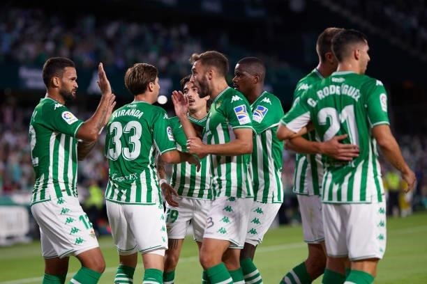 Willian Jose of Real Betis celebrates scoring his teams first goal with team mates during the LaLiga Santander match between Real Betis and Getafe CF...