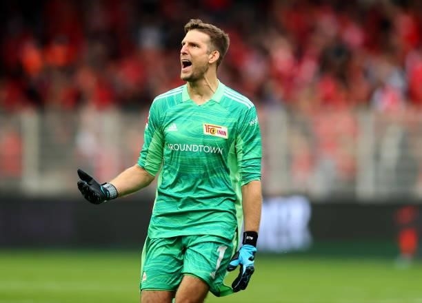 Andreas Luthe, goalkeeper of Union Berlin celebrate the opening goal during the Bundesliga match between 1. FC Union Berlin and DSC Arminia Bielefeld...