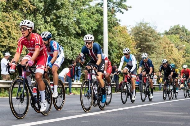 Magnus Cort Nielsen of Denmark and Neilson Powless of The United States in action during the 268,3km Men Elite road race from Antwerp to Leuven of...