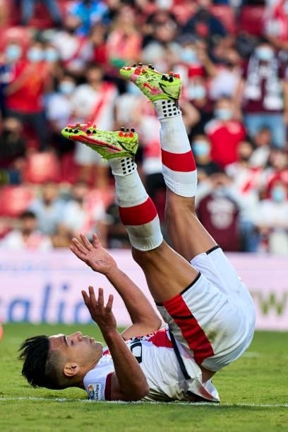 Radamel Falcao of Rayo Vallecano fall on the ground during the La Liga Santander match between Rayo Vallecano and Cadiz CF