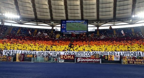 Fans of AS Roma ,during the Serie A match between SS Lazio and AS Roma at Stadio Olimpico on September 26, 2021 in Rome, Italy.