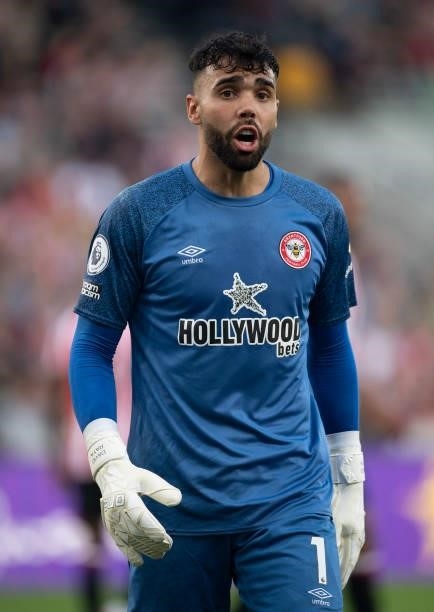 David Raya of Brentford during the Premier League match between Brentford and Liverpool at Brentford Community Stadium on September 25, 2021 in...