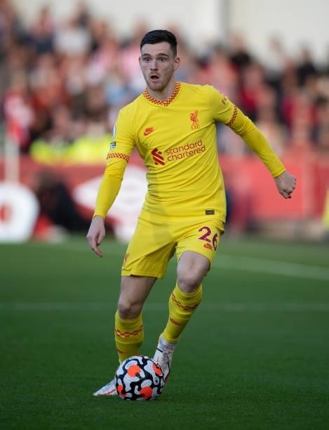 Andy Robertson of Liverpool during the Premier League match between Brentford and Liverpool at Brentford Community Stadium on September 25, 2021 in...