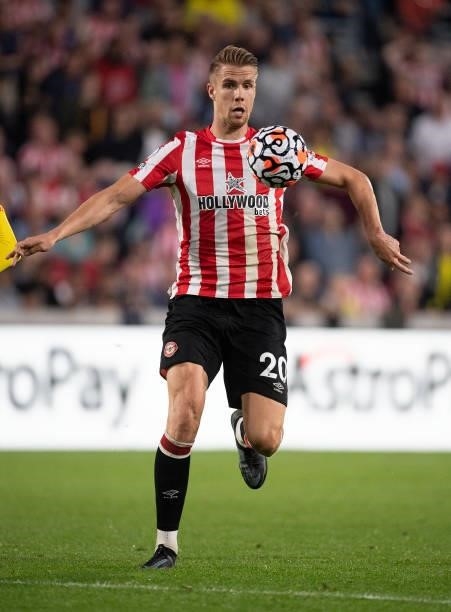 Kristoffer Ajer of Brentford during the Premier League match between Brentford and Liverpool at Brentford Community Stadium on September 25, 2021 in...
