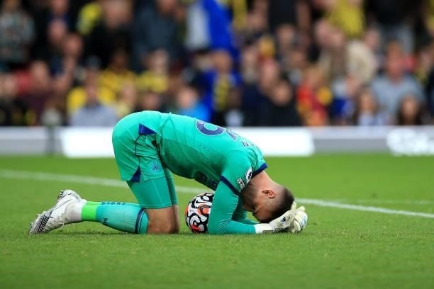 Karl Darlow of Newcastle United reacts during the Premier League match between Watford and Newcastle United at Vicarage Road on September 25, 2021 in...
