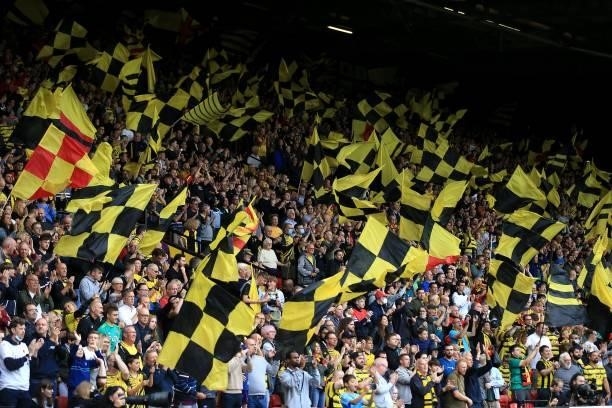 Watford fans during the Premier League match between Watford and Newcastle United at Vicarage Road on September 25, 2021 in Watford, England.