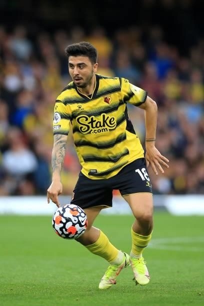 Ozan Tufan of Watford during the Premier League match between Watford and Newcastle United at Vicarage Road on September 25, 2021 in Watford, England.