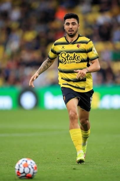 Ozan Tufan of Watford during the Premier League match between Watford and Newcastle United at Vicarage Road on September 25, 2021 in Watford, England.