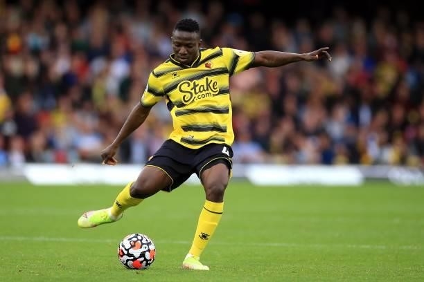 Peter Etebo of Watford during the Premier League match between Watford and Newcastle United at Vicarage Road on September 25, 2021 in Watford,...