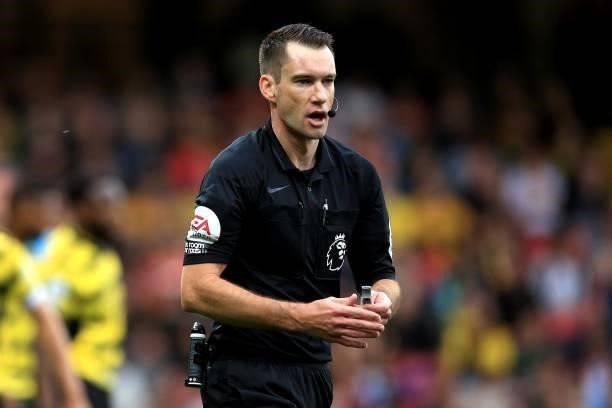 Referee Jarred Gillett during the Premier League match between Watford and Newcastle United at Vicarage Road on September 25, 2021 in Watford,...