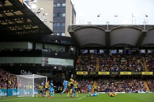 General view of the action during the Premier League match between Watford and Newcastle United at Vicarage Road on September 25, 2021 in Watford,...