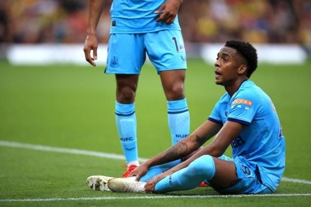 Joe Willock of Newcastle United reacts during the Premier League match between Watford and Newcastle United at Vicarage Road on September 25, 2021 in...