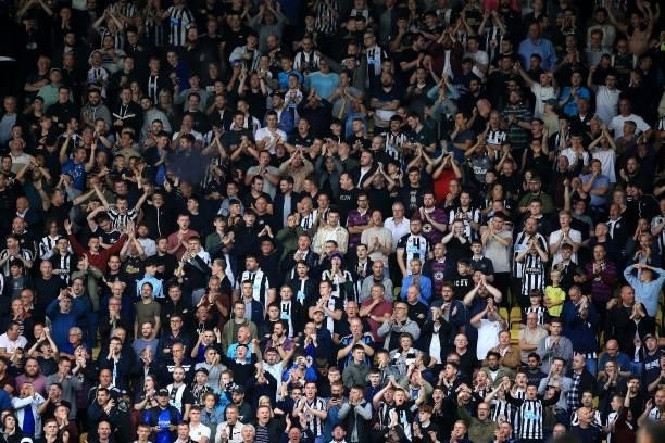 Newcastle United fans react during the Premier League match between Watford and Newcastle United at Vicarage Road on September 25, 2021 in Watford,...