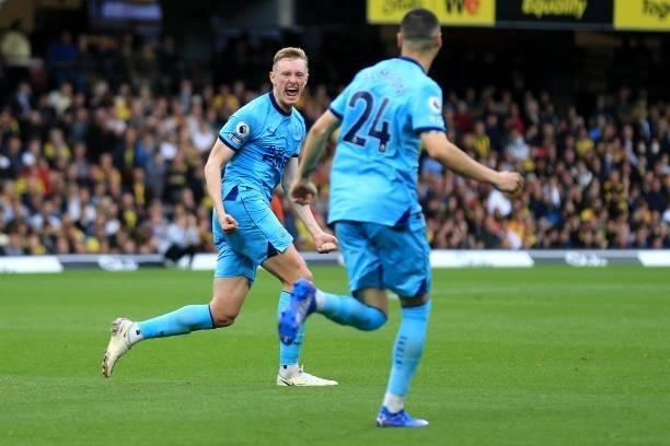Sean Longstaff of Newcastle United celebrates his opening goal during the Premier League match between Watford and Newcastle United at Vicarage Road...