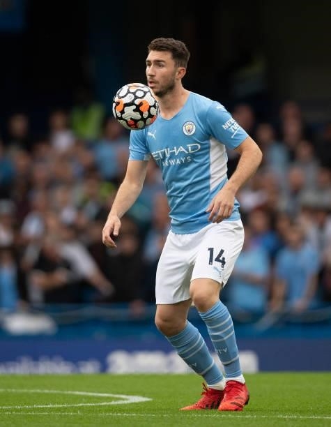 Aymeric Laporte of Manchester City during the Premier League match between Chelsea and Manchester City at Stamford Bridge on September 25, 2021 in...