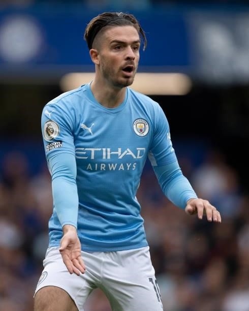 Jack Grealish of Manchester City during the Premier League match between Chelsea and Manchester City at Stamford Bridge on September 25, 2021 in...