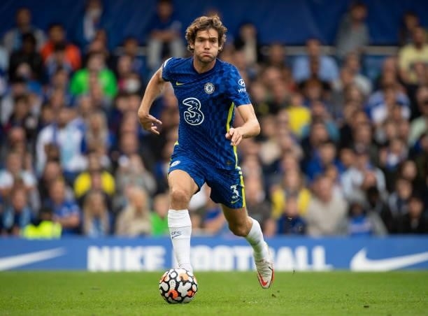Marcos Alonso of Chelsea during the Premier League match between Chelsea and Manchester City at Stamford Bridge on September 25, 2021 in London,...