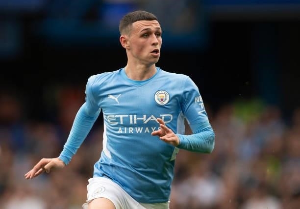 Phil Foden of Manchester City during the Premier League match between Chelsea and Manchester City at Stamford Bridge on September 25, 2021 in London,...