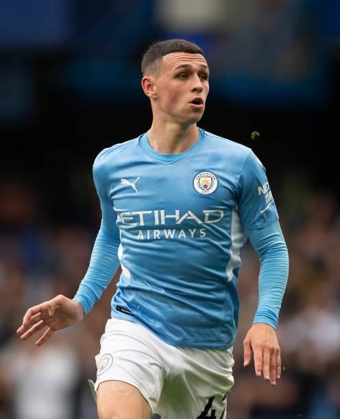 Phil Foden of Manchester City during the Premier League match between Chelsea and Manchester City at Stamford Bridge on September 25, 2021 in London,...