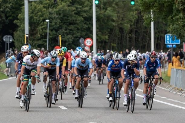 Remco Evenepoel of Belgium, Victor Campenaerts of Belgium and Anthony Turgis of France in action during the 268,3km Men Elite road race from Antwerp...