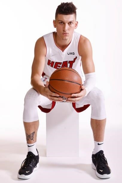 Tyler Herro of the Miami Heat poses for a photo during Media Day at FTX Arena on September 27, 2021 in Miami, Florida. NOTE TO USER: User expressly...