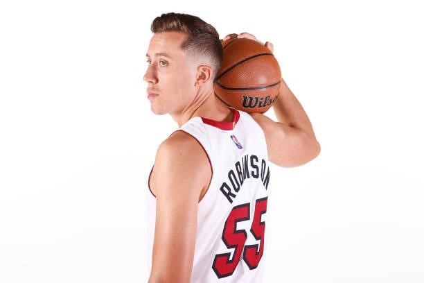 Duncan Robinson of the Miami Heat poses for a photo during Media Day at FTX Arena on September 27, 2021 in Miami, Florida. NOTE TO USER: User...