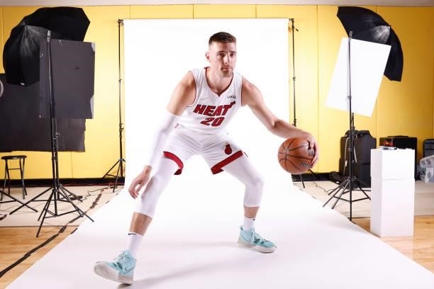 Micah Potter of the Miami Heat poses for a photo during Media Day at FTX Arena on September 27, 2021 in Miami, Florida. NOTE TO USER: User expressly...