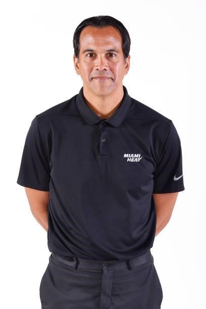 Head coach Erik Spoelstra of the Miami Heat poses for a photo during Media Day at FTX Arena on September 27, 2021 in Miami, Florida. NOTE TO USER:...
