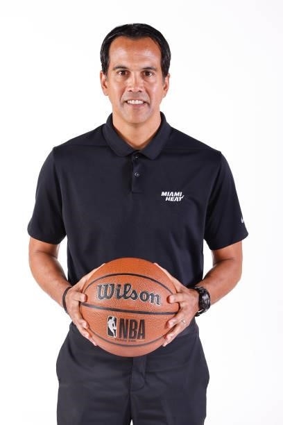 Head coach Erik Spoelstra of the Miami Heat poses for a photo during Media Day at FTX Arena on September 27, 2021 in Miami, Florida. NOTE TO USER:...