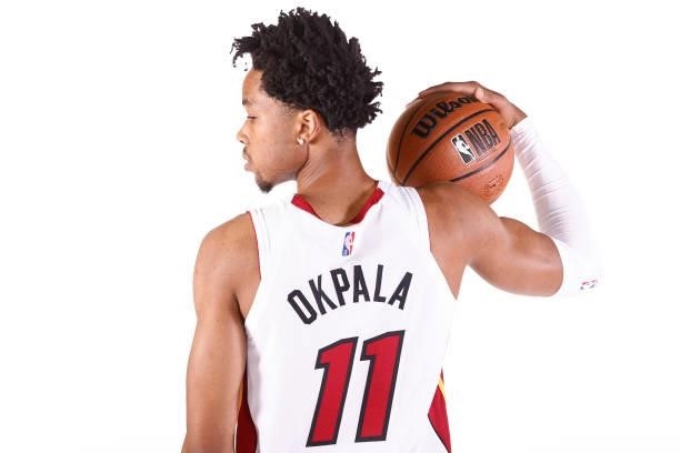 Okpala of the Miami Heat poses for a photo during Media Day at FTX Arena on September 27, 2021 in Miami, Florida. NOTE TO USER: User expressly...