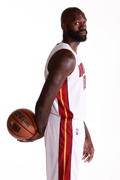 Dewayne Dedmon of the Miami Heat poses for a photo during Media Day at FTX Arena on September 27, 2021 in Miami, Florida. NOTE TO USER: User...