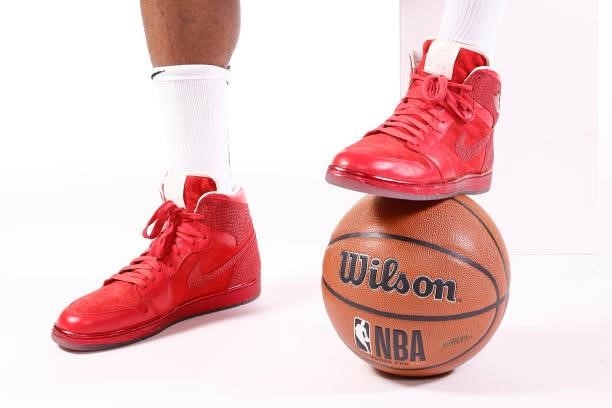 Detail of P.J. Tucker of the Miami Heat shoes as he poses for a photo during Media Day at FTX Arena on September 27, 2021 in Miami, Florida. NOTE TO...