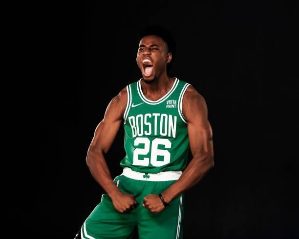 Aaron Nesmith of the Boston Celtics poses for a photo during Media Day at High Output Studios on September 27, 2021 in Canton, Massachusetts. NOTE TO...