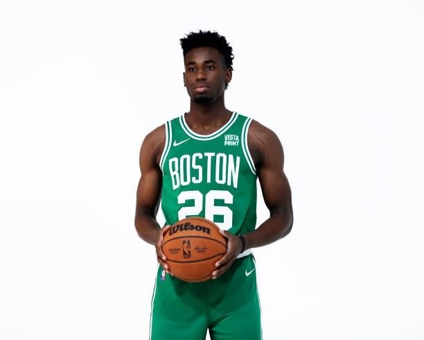 Aaron Nesmith of the Boston Celtics poses for a photo during Media Day at High Output Studios on September 27, 2021 in Canton, Massachusetts. NOTE TO...
