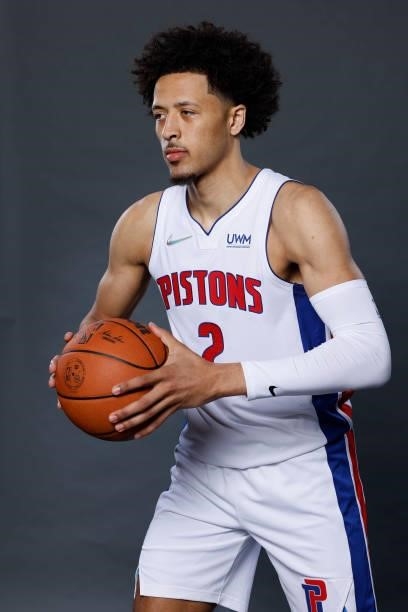 Cade Cunningham of the Detroit Pistons poses for a photo during media day at Little Caesars Arena on September 27, 2021 in Detroit, Michigan. NOTE TO...