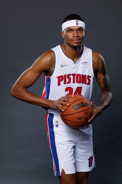 Jamorko Pickett of the Detroit Pistons poses for a photo during media day at Little Caesars Arena on September 27, 2021 in Detroit, Michigan. NOTE TO...