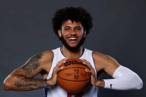 Isaiah Livers of the Detroit Pistons poses for a photo during media day at Little Caesars Arena on September 27, 2021 in Detroit, Michigan. NOTE TO...
