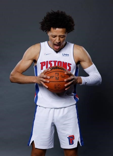 Cade Cunningham of the Detroit Pistons poses for a photo during media day at Little Caesars Arena on September 27, 2021 in Detroit, Michigan. NOTE TO...