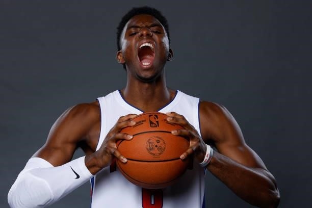 Hamidou Diallo of the Detroit Pistons poses for a photo during media day at Little Caesars Arena on September 27, 2021 in Detroit, Michigan. NOTE TO...