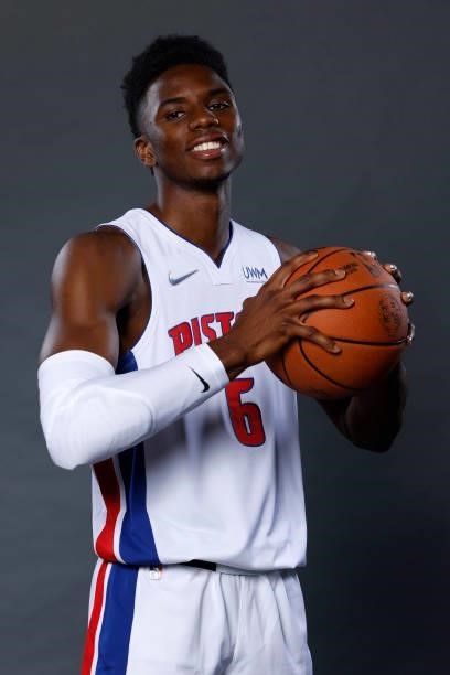 Hamidou Diallo of the Detroit Pistons poses for a photo during media day at Little Caesars Arena on September 27, 2021 in Detroit, Michigan. NOTE TO...
