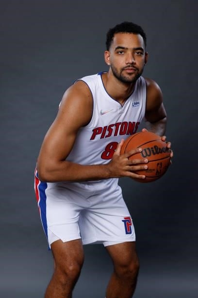 Trey Lyles of the Detroit Pistons poses for a photo during media day at Little Caesars Arena on September 27, 2021 in Detroit, Michigan. NOTE TO...
